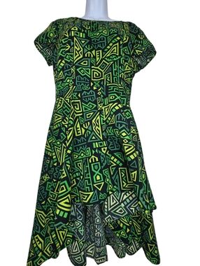 Masseys green and black patterned dress geometric design and high-low hemline